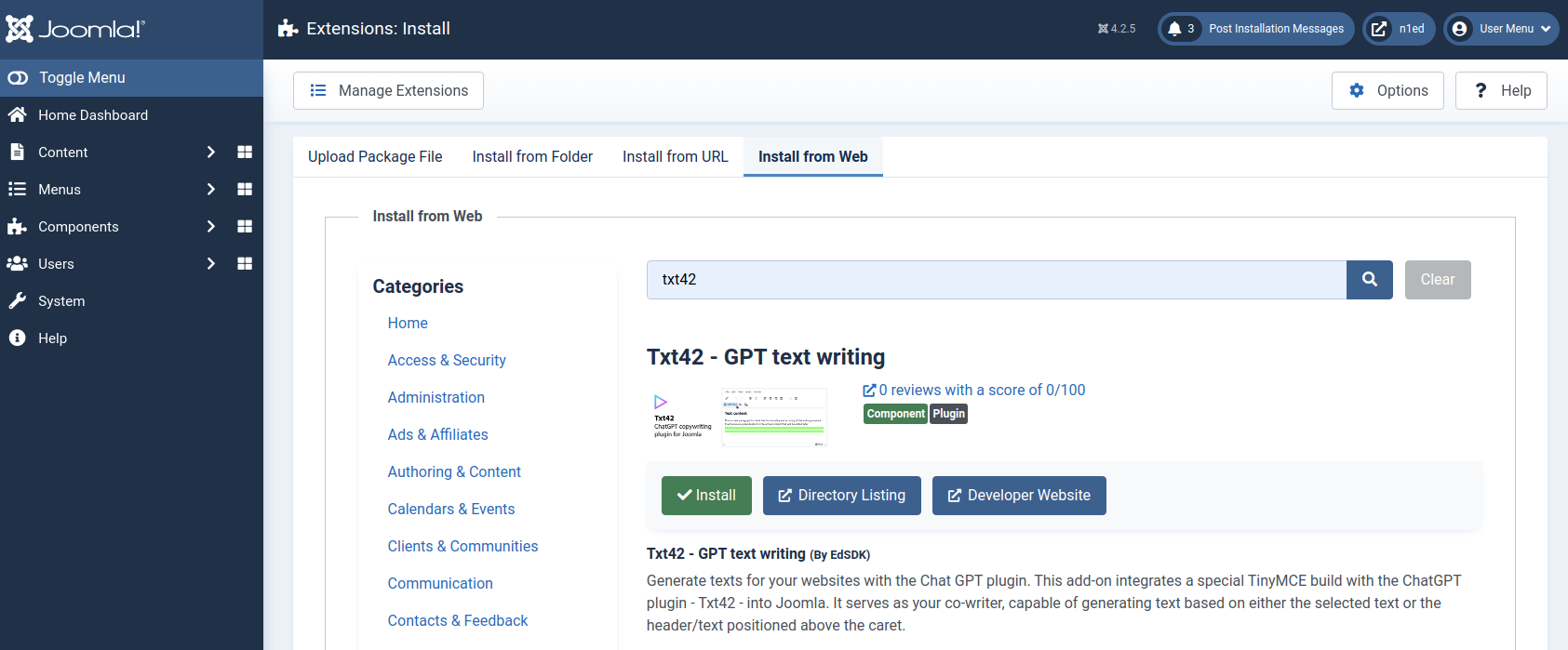 Install Chat GPT plugin in Joomla