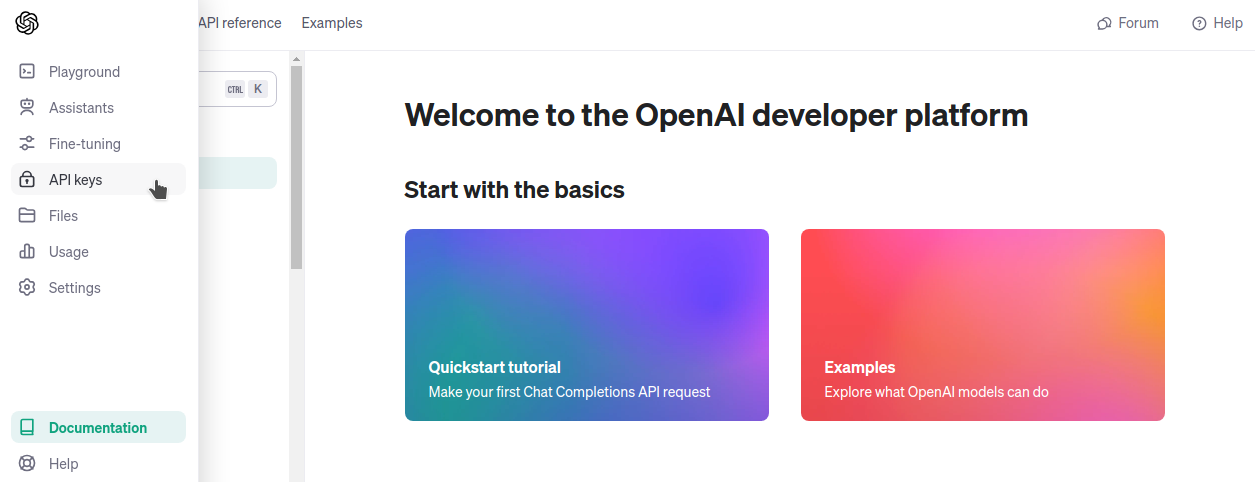 OpenAI API keys tab